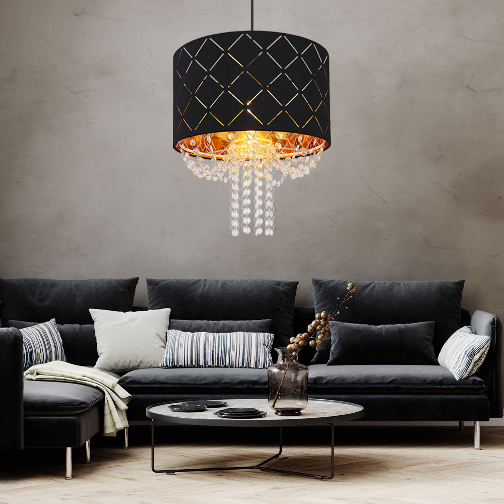 RGB LED Hängeleuchte, Kristalle, Samt, schwarz, goldfarben H 150 cm