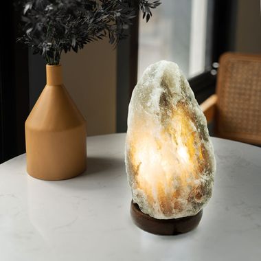 Table lamp, salt crystals, natural colours, wood, H 19 cm