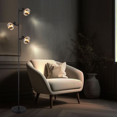 Lampadaire, métal, blanc, chrome, verre, noir, H 154 cm