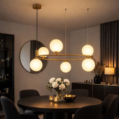 Lampada a sospensione, metallo, color ottone, vetro bianco, altezza 178cm