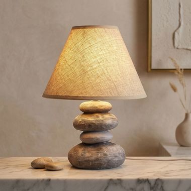 Lampe à poser, textile céramique, aspect pierre, gris marron, D 25cm