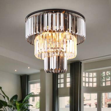 Deckenleuchte, 3 Flammig, Kristalle Glas, klar rauch grau, D 40cm