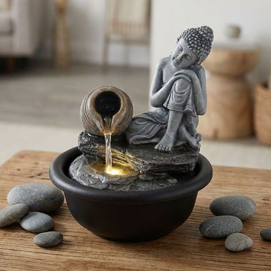 Fontana per interni, nero opaco, Buddha, luce LED, H 19 cm