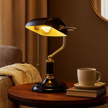 Tischleuchte, Bankerlampe, Glas sschwarz gold, H 34 cm