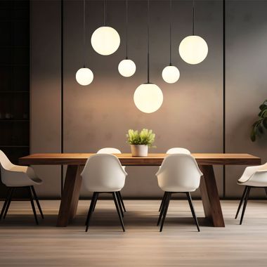 Pendelleuchte schwarz, Glaskugeln opal, 6 Flammig, H 117 cm