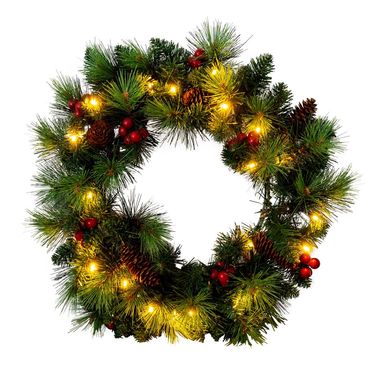 LED Christmas wreath, door wreath, green, IP44, battery, D 35 cm