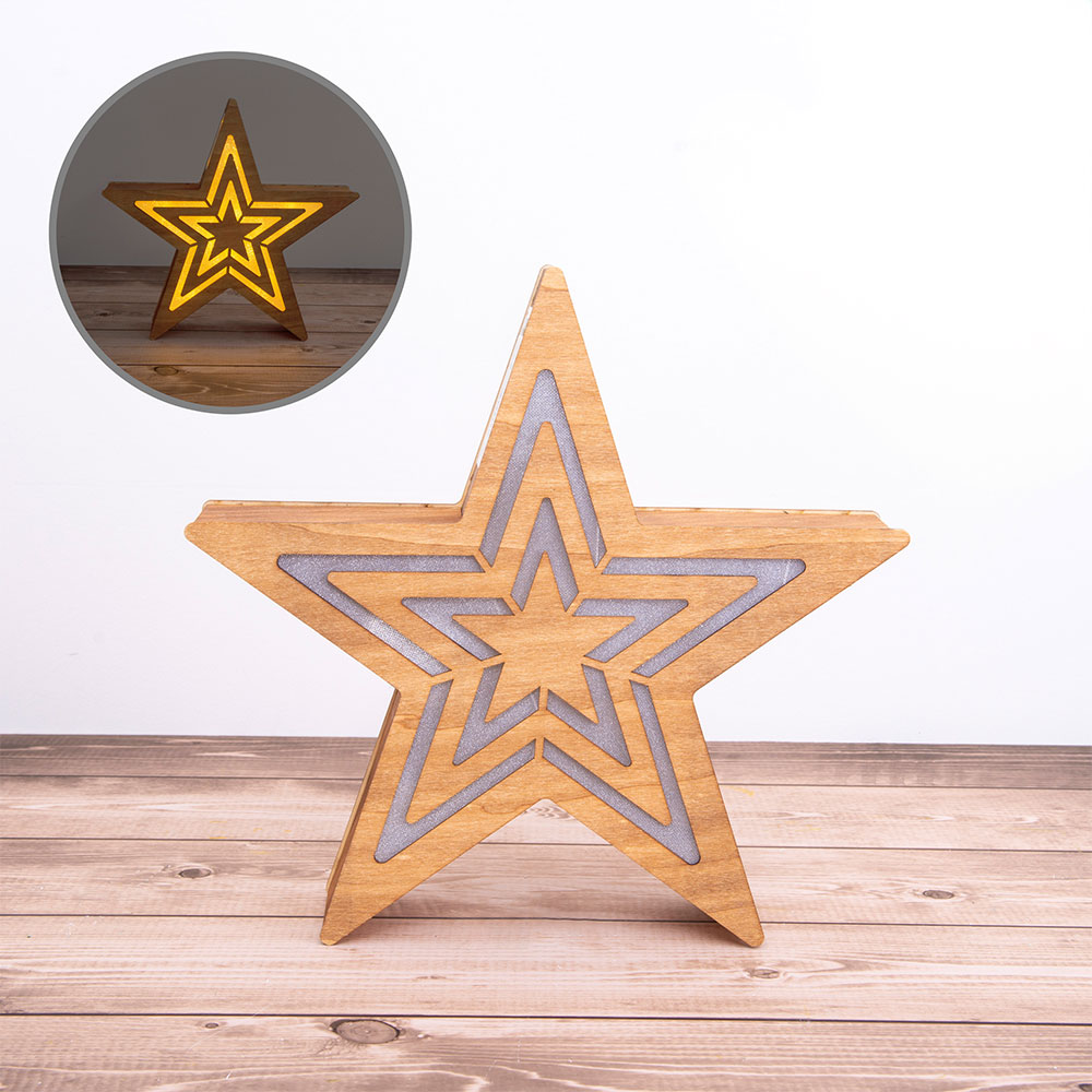 LED Adventsstern, Holz, natur, Timer, Batterie, H 33 cm