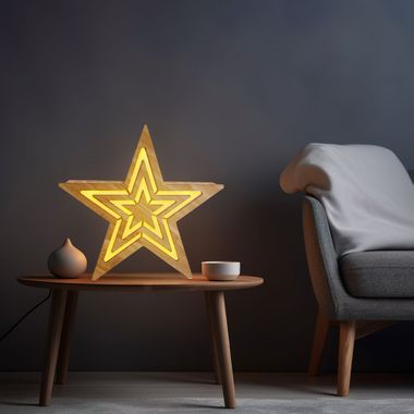 LED adventsster, hout, naturel, timer, batterij, h 33 cm