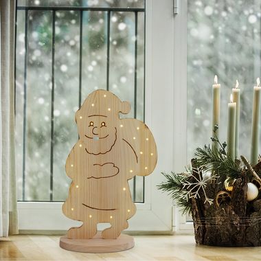 Père Noël LED, bois de pin, IP44, batterie, H 49 cm