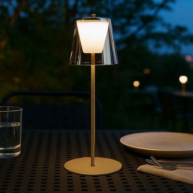 LED Außen Tischleuchte, gold rauch, Touchdimmer, Akku H 35 cm