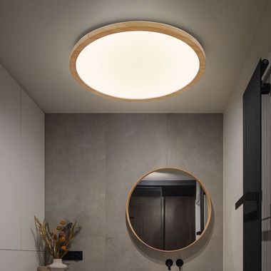 LED Deckenleuchte, IP44, Holzoptik, dimmbar, D 29,4 cm