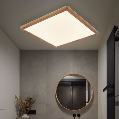 LED plafondlamp, houtlook, IP44, 3 lichtniveaus, 29x29 cm