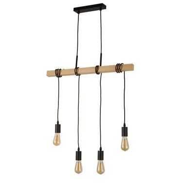 Lampe suspendue, 4 ampoules, poutres en bois, réglable en hauteur, L 70 cm
