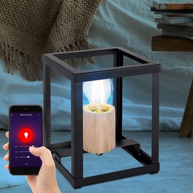 RGB LED tafellamp, hout, zwart, app-bediening, H 20 cm