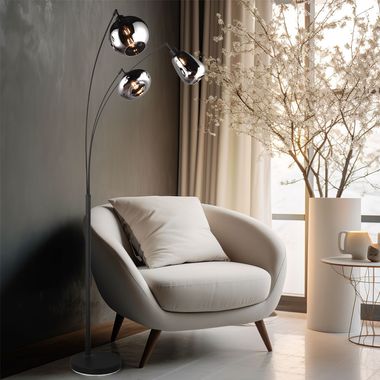 Staande lamp, 3 vlammen, voetschakelaar, zwart, glas, H 200cm