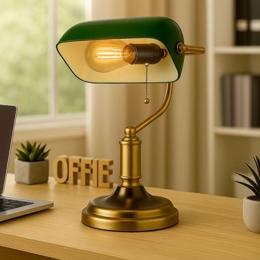 Tafellamp, bankierslamp, trekketting, antiek messing, groen, H 36 cm