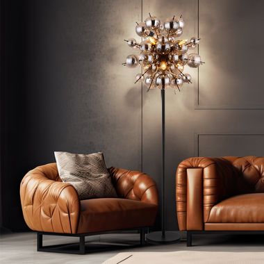 Lampadaire, métal, boules de verre fumé, H 155 cm