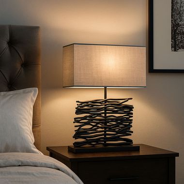 Lampada da tavolo, legno, paralume in tessuto, grigio, nero, H 50 cm