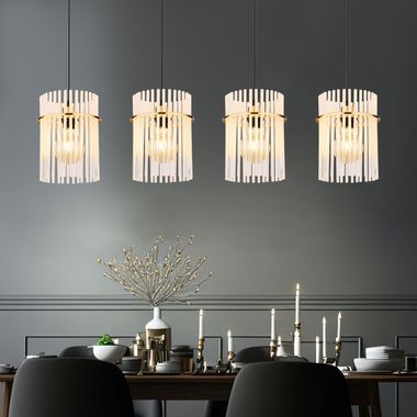 Lampada a sospensione, 4 lampadine, aste in vetro, oro, H 140 cm