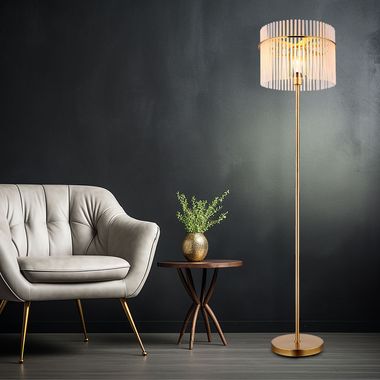 Staande lamp, metaal, goud, glazen staven, E27, H 152 cm