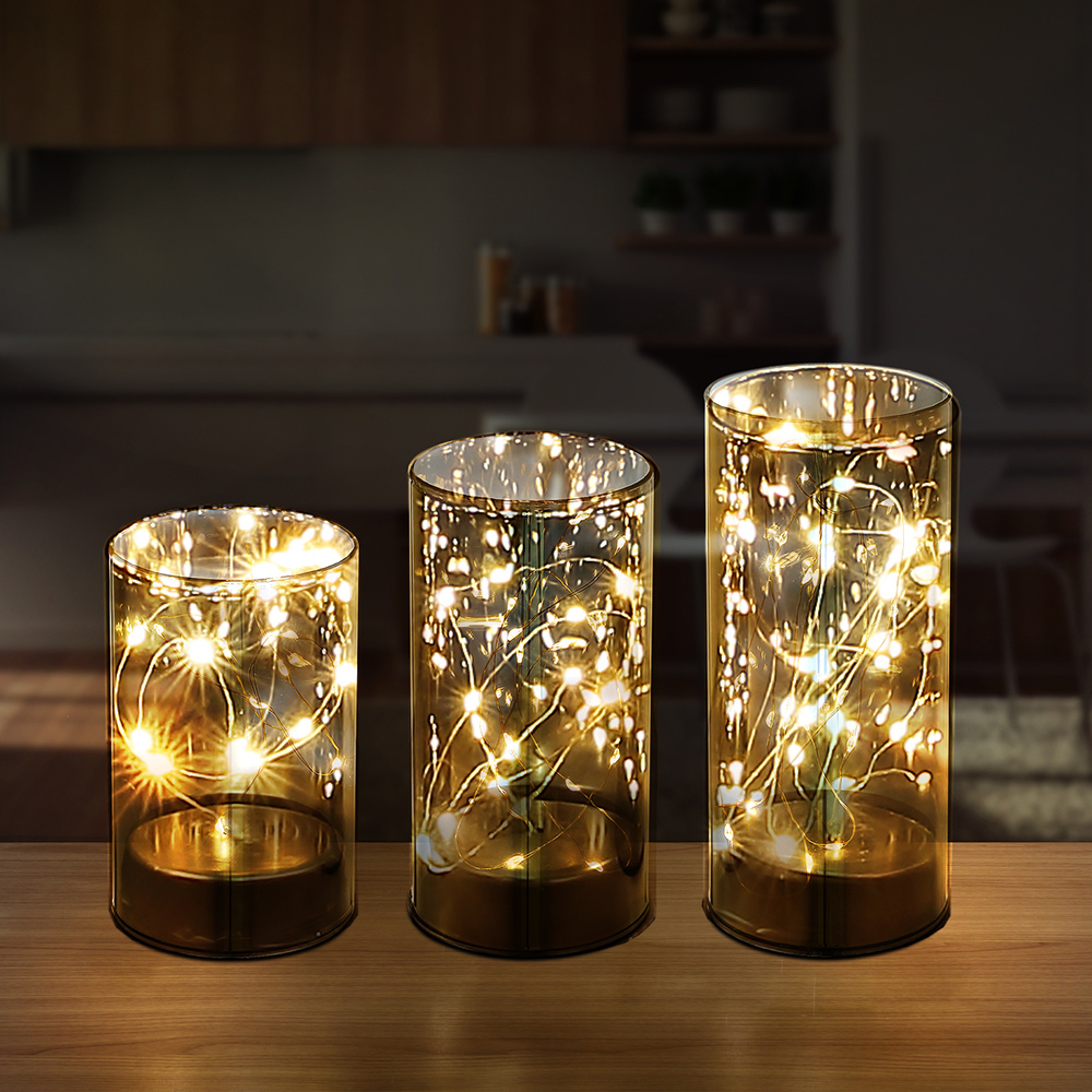 3er Set Glastropfen Mit LED-Lichterkette – Silbernes Rillendesign, Funkeleffekt, 6-Stunden-Timer, Warmweiße LEDs, Batterien CR2450 Inklusive, Maße 10–15 Cm