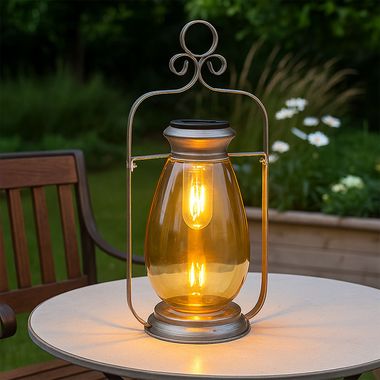 LED Solarlampe, Laterne, silber, Glas amber, IP44, H 36,5 cm