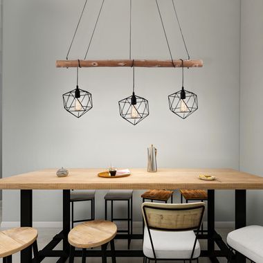 Pendant light, metal, wood, grid look, 3 bulbs, L 100cm