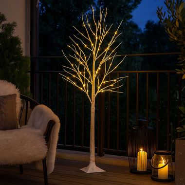 LED Stehleuchte, Baum, Birken Optik, IP44, H 180 cm