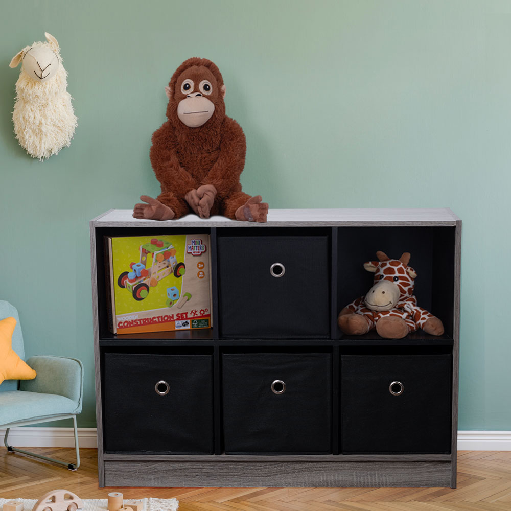 Regal, Holz, schwarz grau, 6 Fächer + Stoffboxen, B 80 cm