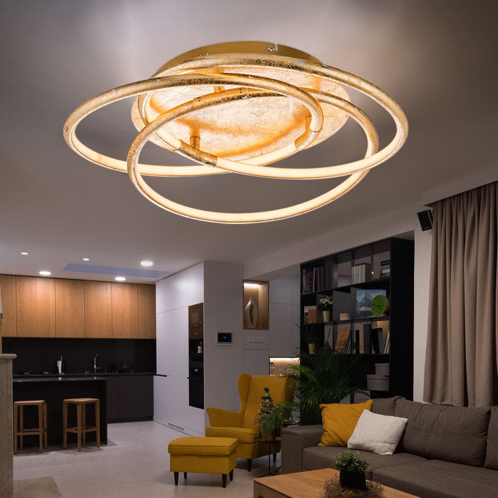LED Deckenleuchte Gold 50cm – 3 Ringe, Dimmbar, Farbtemperatur 3000–6000K, Mit Fernbedienung – Moderner Plafond Für Wohnzimmer & Schlafzimmer