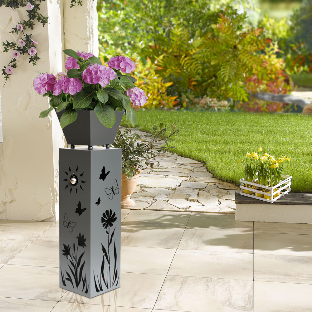 Pflanzsäule mit Blumenmotiv, Stahl, grau, H 82 cm
