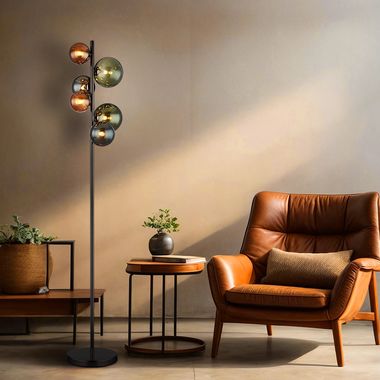 Lampada da terra a LED, metallo, 6 lampadine, sfera di vetro, verde, H 155 cm