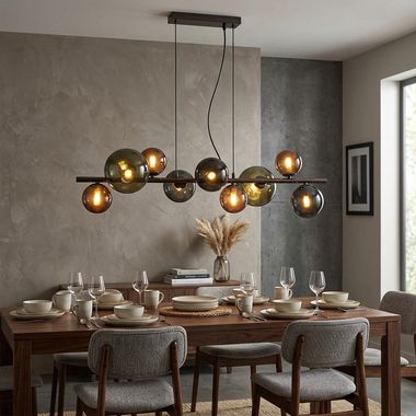 Lampa wisząca LED, szklane klosze, szara, 9 płomieni, wys. 120 cm