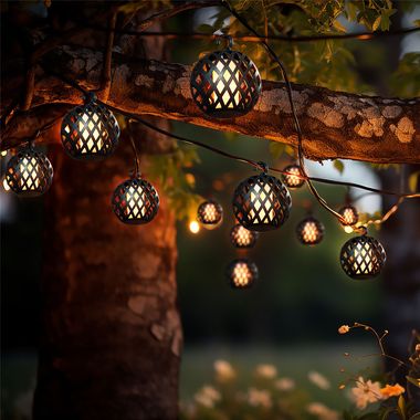 LED Solar Lichterkette, 16x Kugel, Flammen-Effekt, L 200 cm