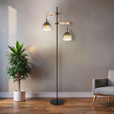 Staande lamp zwart, natuurlijk hout, rookglas, H 168 cm