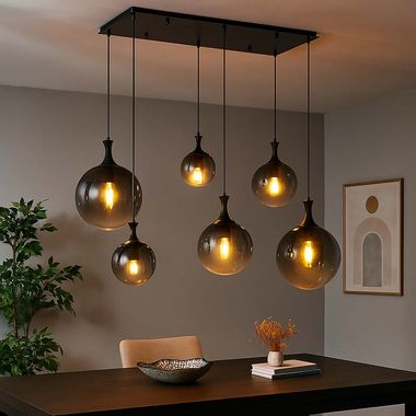 Lampada a sospensione, a 6 fiamme, globi in vetro fumé, nero, L 97 cm