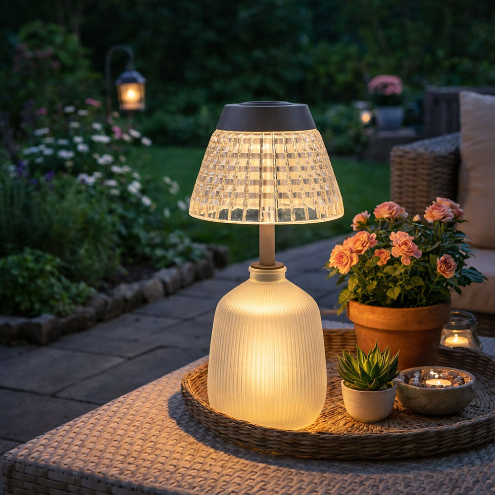 LED Solarleuchte Tischleuchte, Glas, klar, Akku, H 27 cm