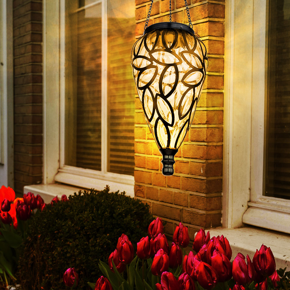 2er Set LED Solar Hängeleuchte, Tropfen mit Dekor, H 50 cm
