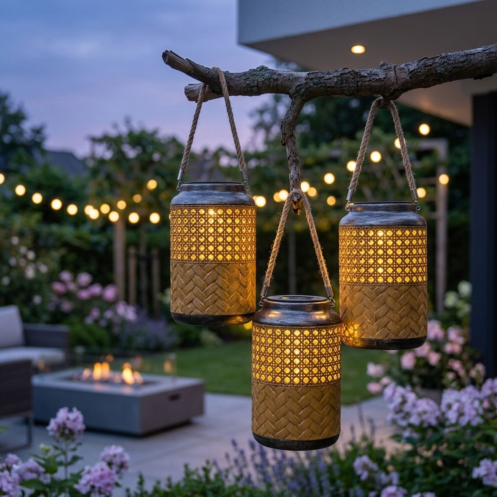 3x LED Solarleuchte, Metall braun H 16 cm