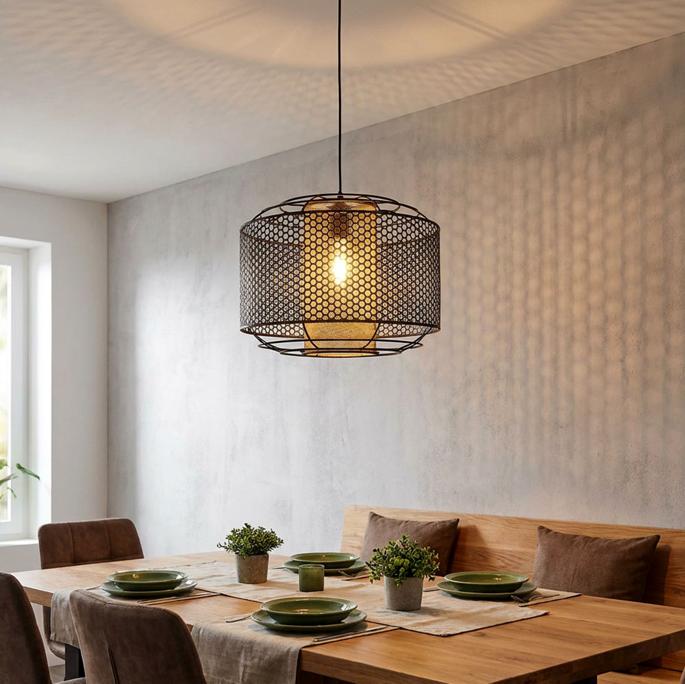 Hängelampe, Metall, goldfarbener Zylinder, Gitter, H 150 cm
