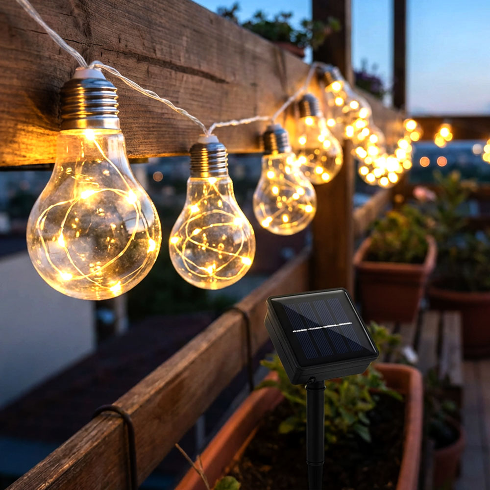 LED Solar Lichterkette, 20x Glühbirne, Erdspieß, L 380 cm