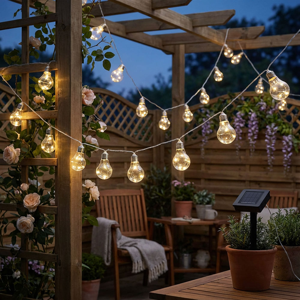 Lampiony solarne LED, 20x żarówka, szpikulec do ziemi, dł. 380 cm