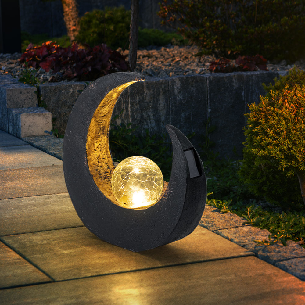 2x LED Solarlampe, Halbmond, schwarz gold, Glaskugel, H 30,5 cm