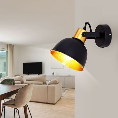 Wall lamp, black, gold, adjustable spot, 13 cm