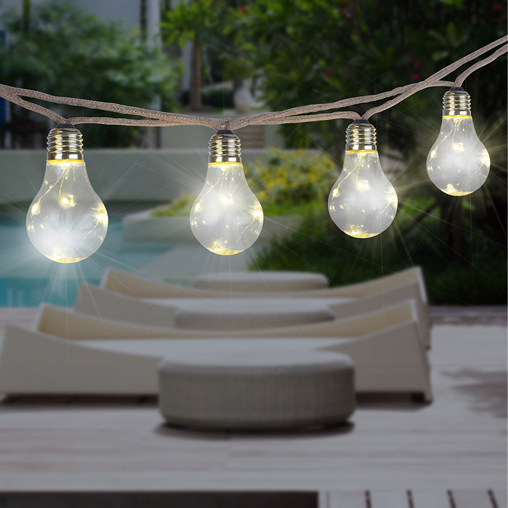 LED Solar Lichterkette, 10x Glühbirnen, Hanfseil, L 570 cm