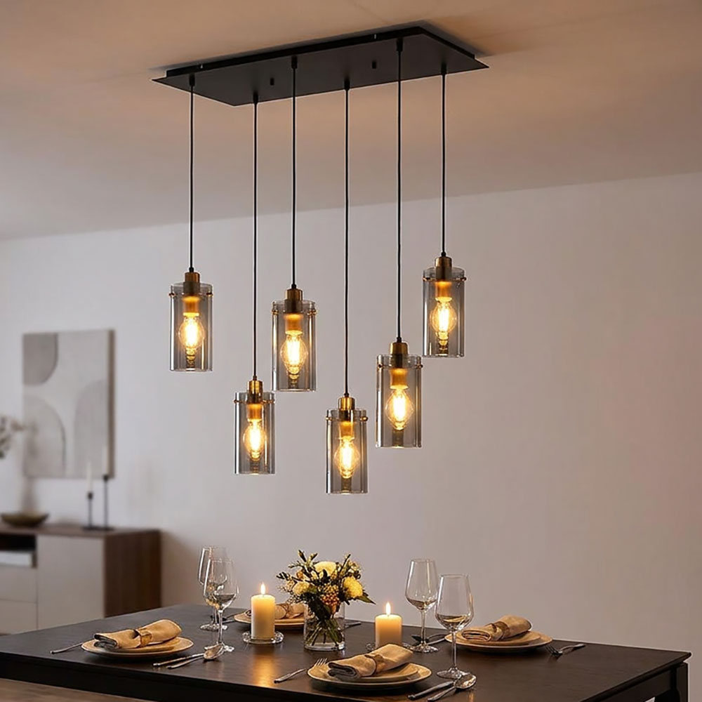 Pendelleuchte, Metall schwarz, Glas rauch, H 120 cm