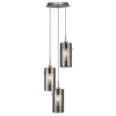 Duo 2, 3-lichts multidruppel plafondlamp met buitenste kappen van gerookt glas/binnenste kappen van mat glas