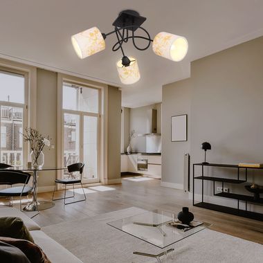 Plafoniera, metallo, tessuto, oro, 3 lampadine, E14, D 46 cm