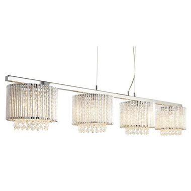 Elise 4flame plafondstrip, heldere kristallen druppels, aluminium buisbekleding, chroom