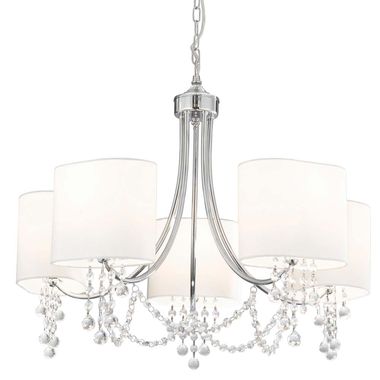 Nina, plafondlamp met 5 vlammen, chroom, helder kristal, witte kappen